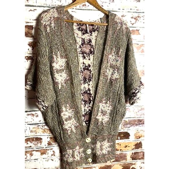 Free People Fair Isle Wool Blend Banded Oversized Short Sleeve Button Cardigan - Picture 2 of 7